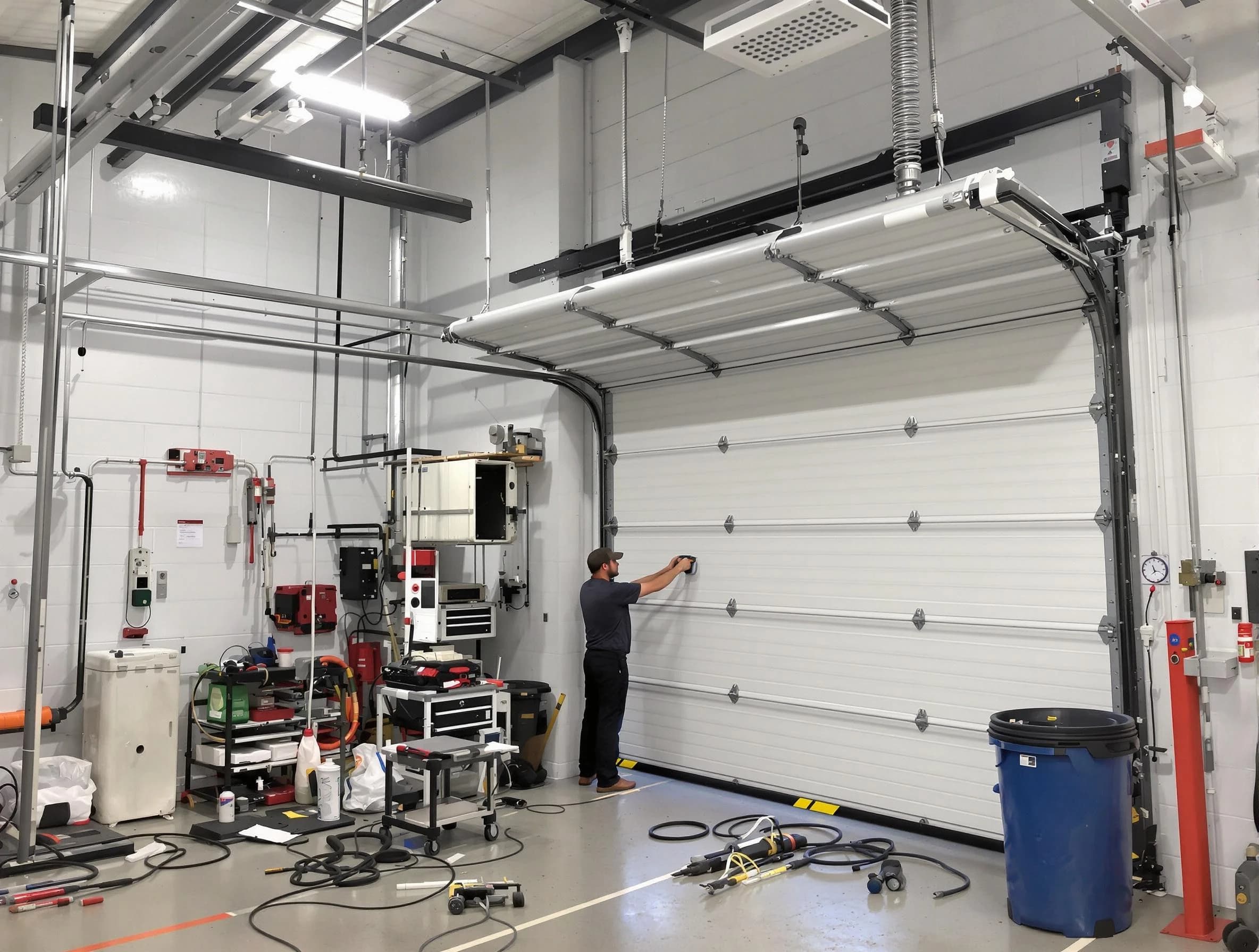 The Village Garage Door Repair certified technician performing commercial door repair at a The Village business facility