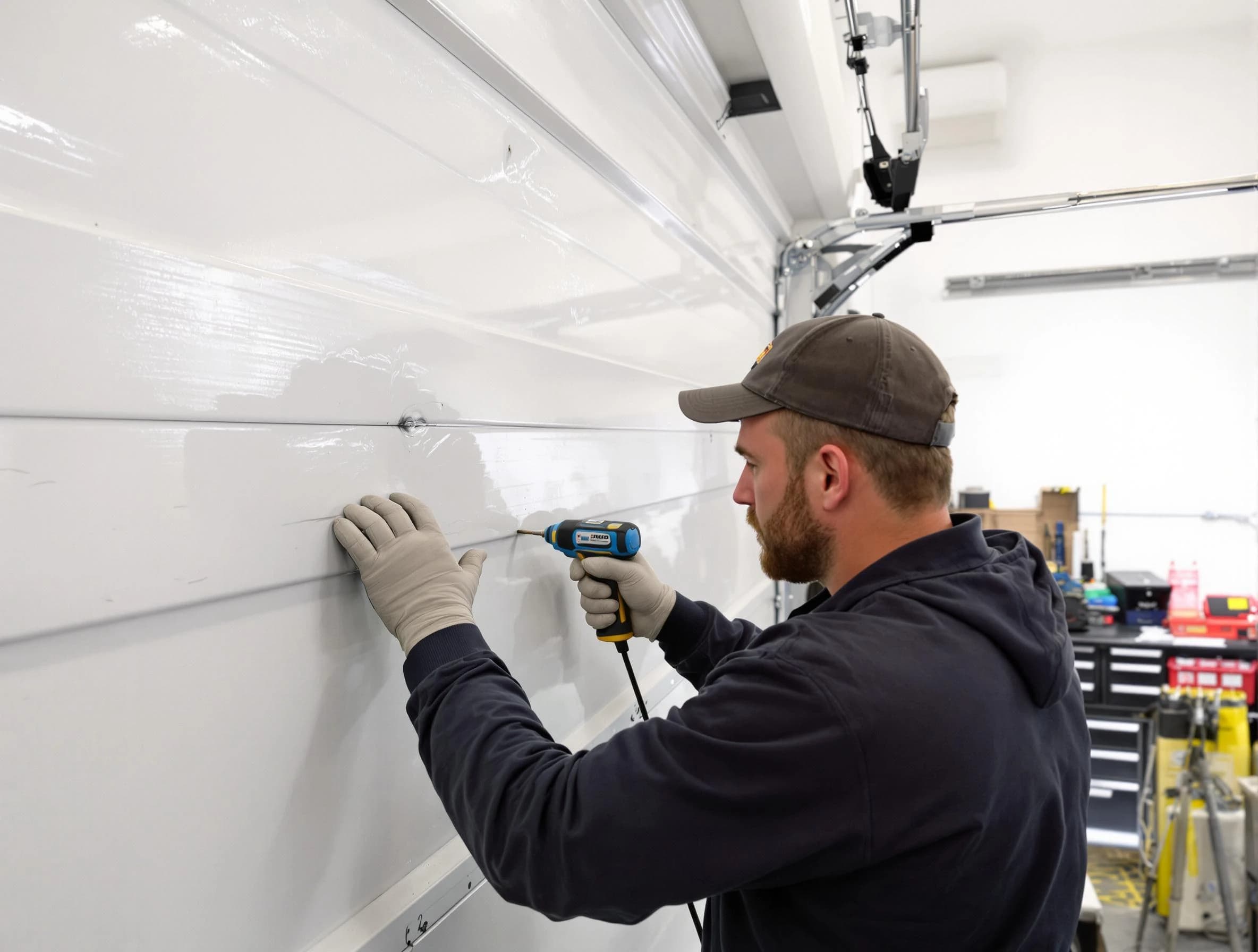 The Village Garage Door Repair technician demonstrating precision dent removal techniques on a The Village garage door