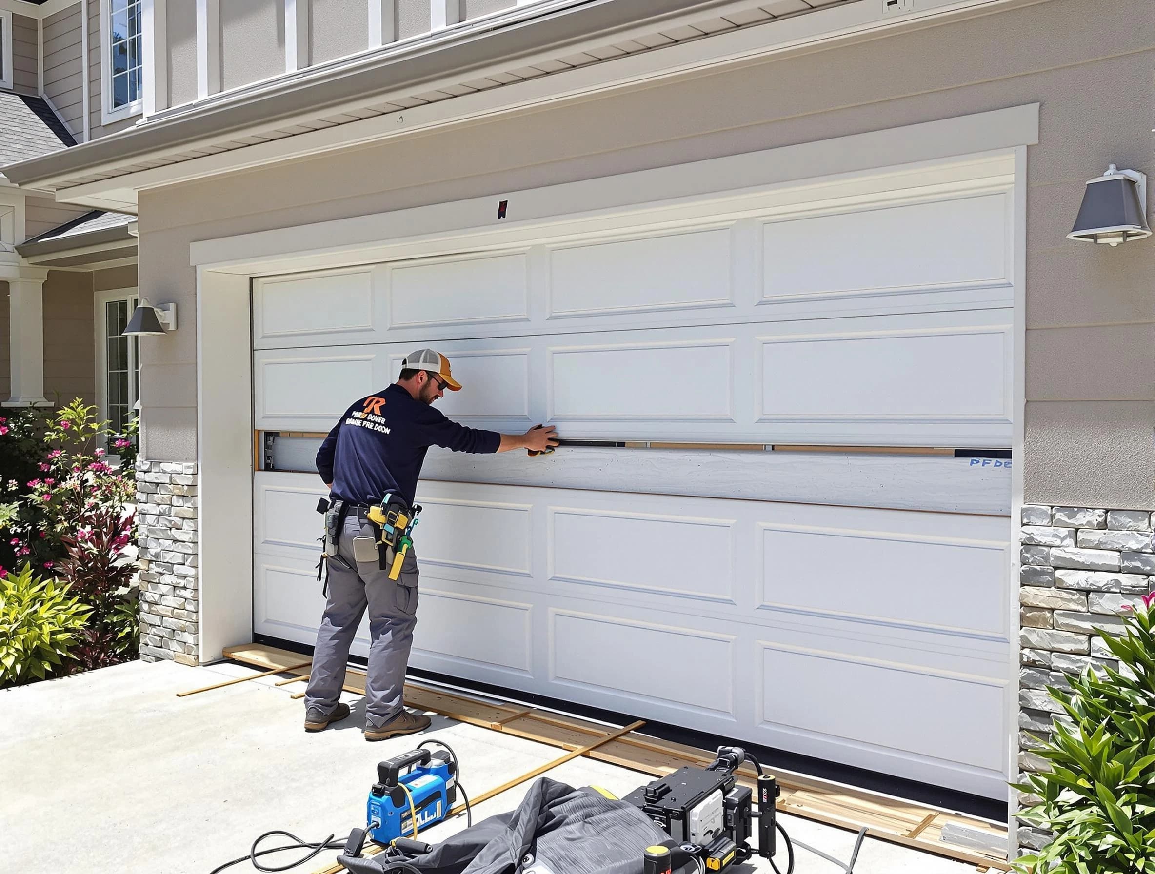 The Village Garage Door Repair team performing complete garage door replacement at The Village residence