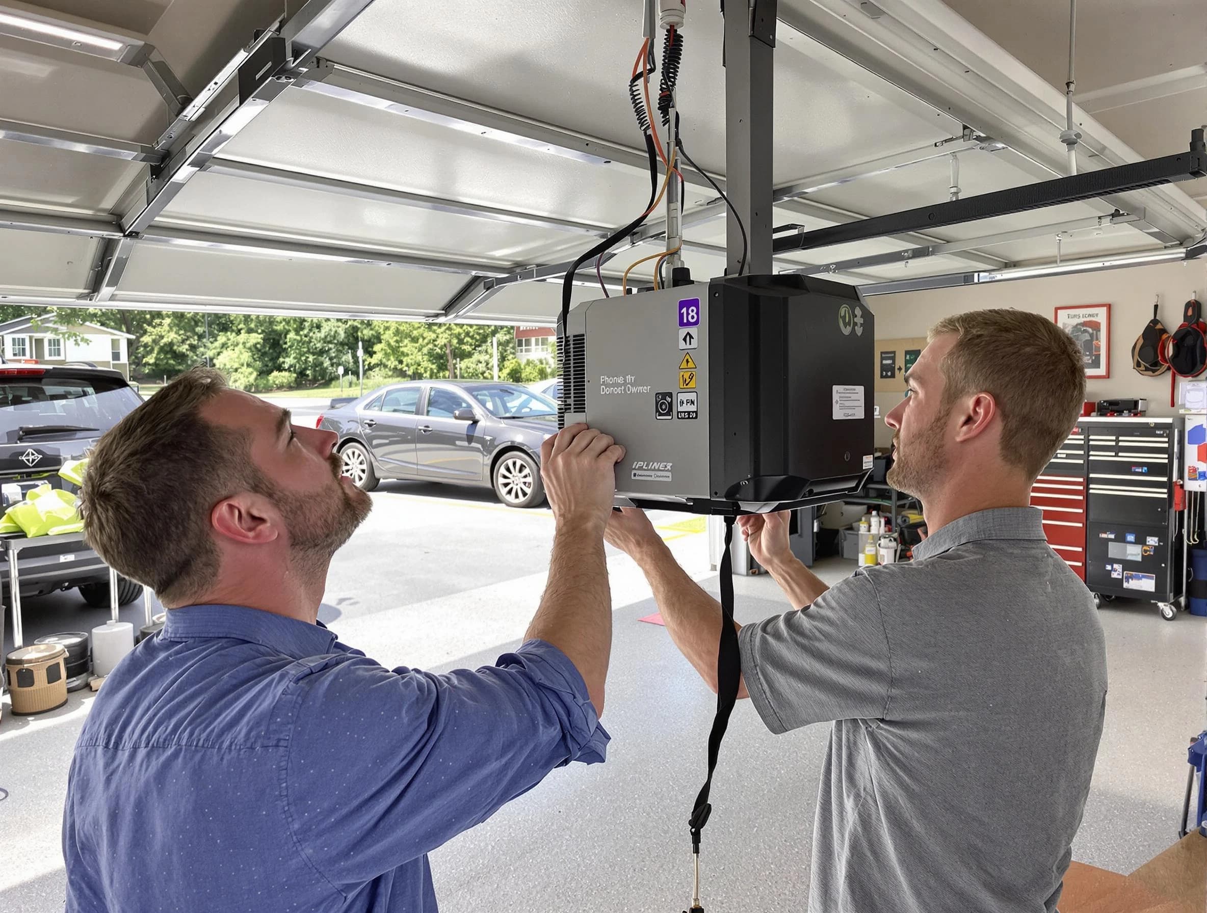 The Village Garage Door Repair technician installing garage door opener in The Village
