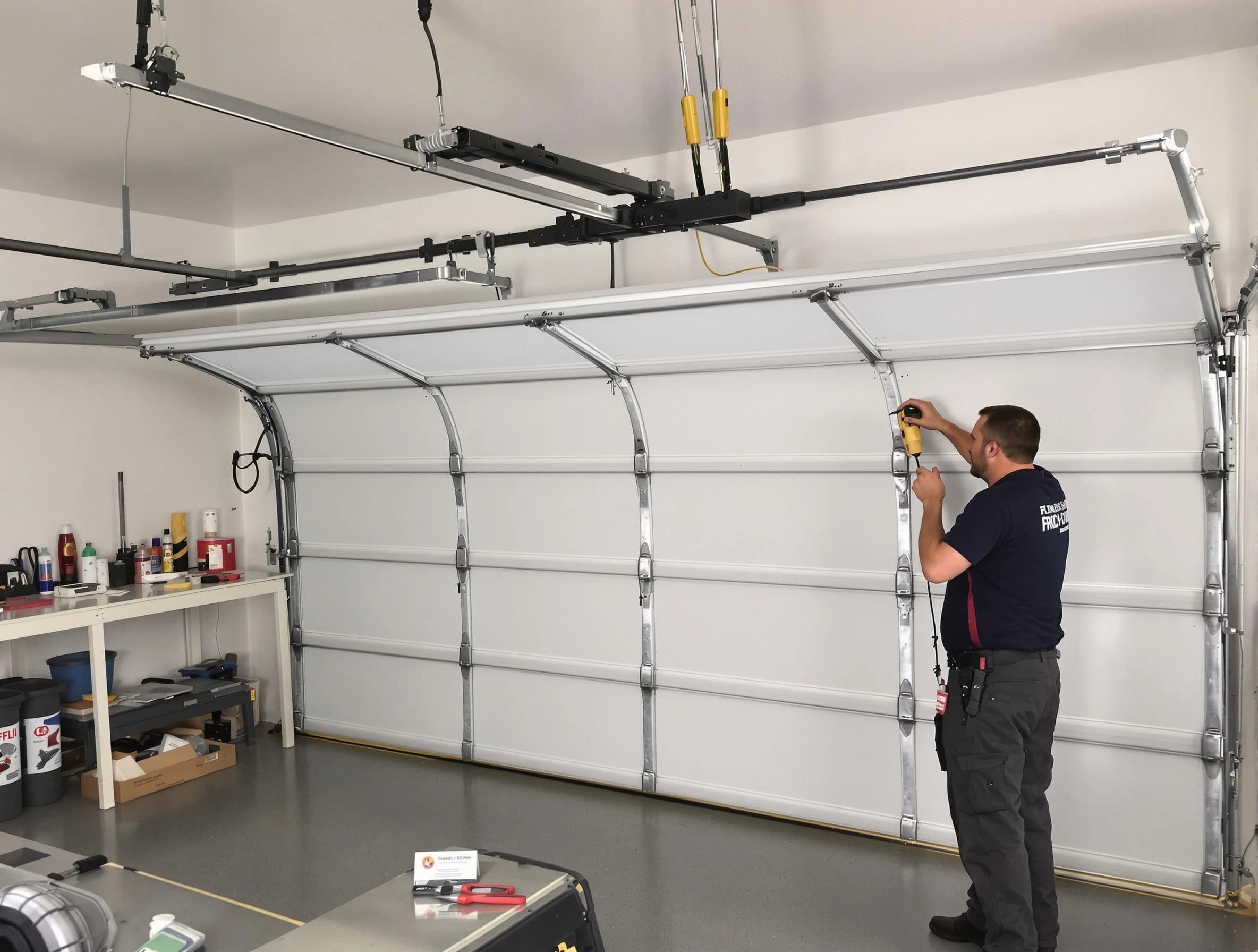 The Village Garage Door Repair certified technician performing overhead door system repair in The Village