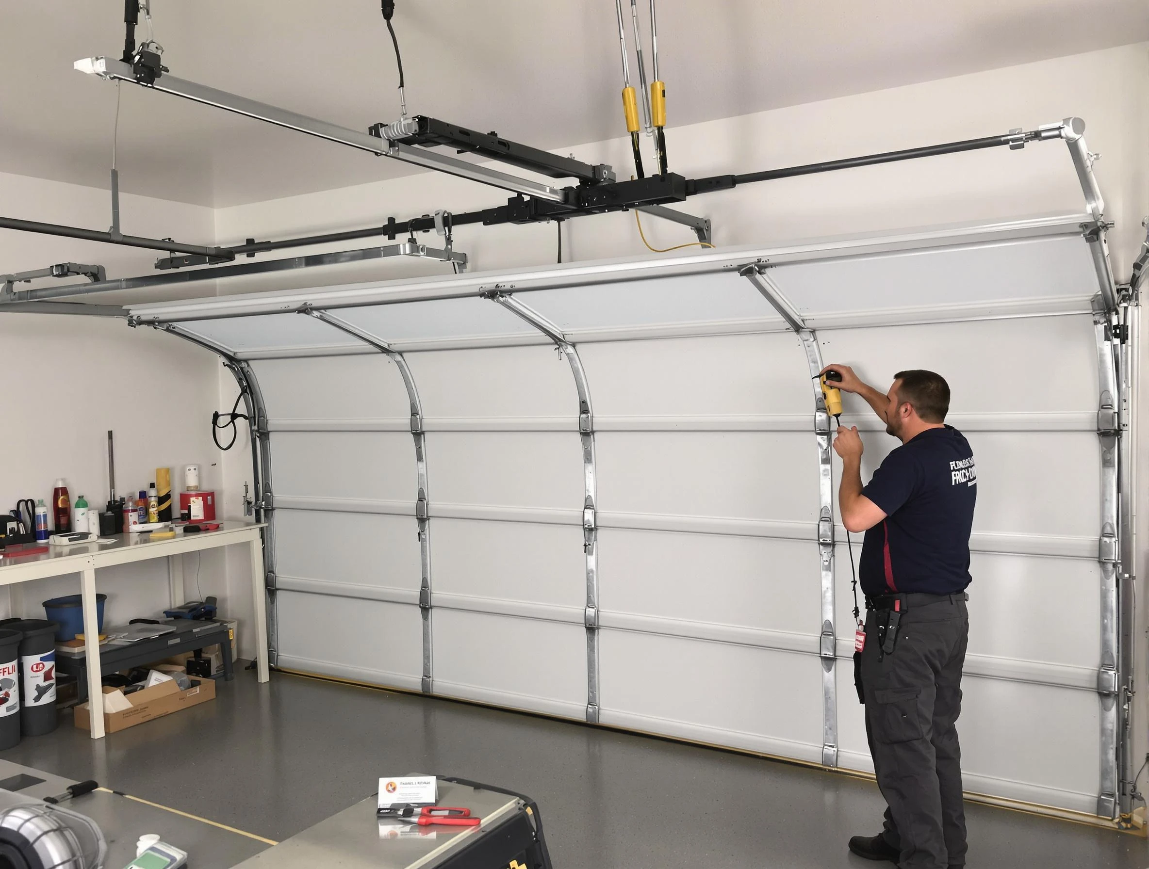 The Village Garage Door Repair certified technician performing overhead door system repair in The Village