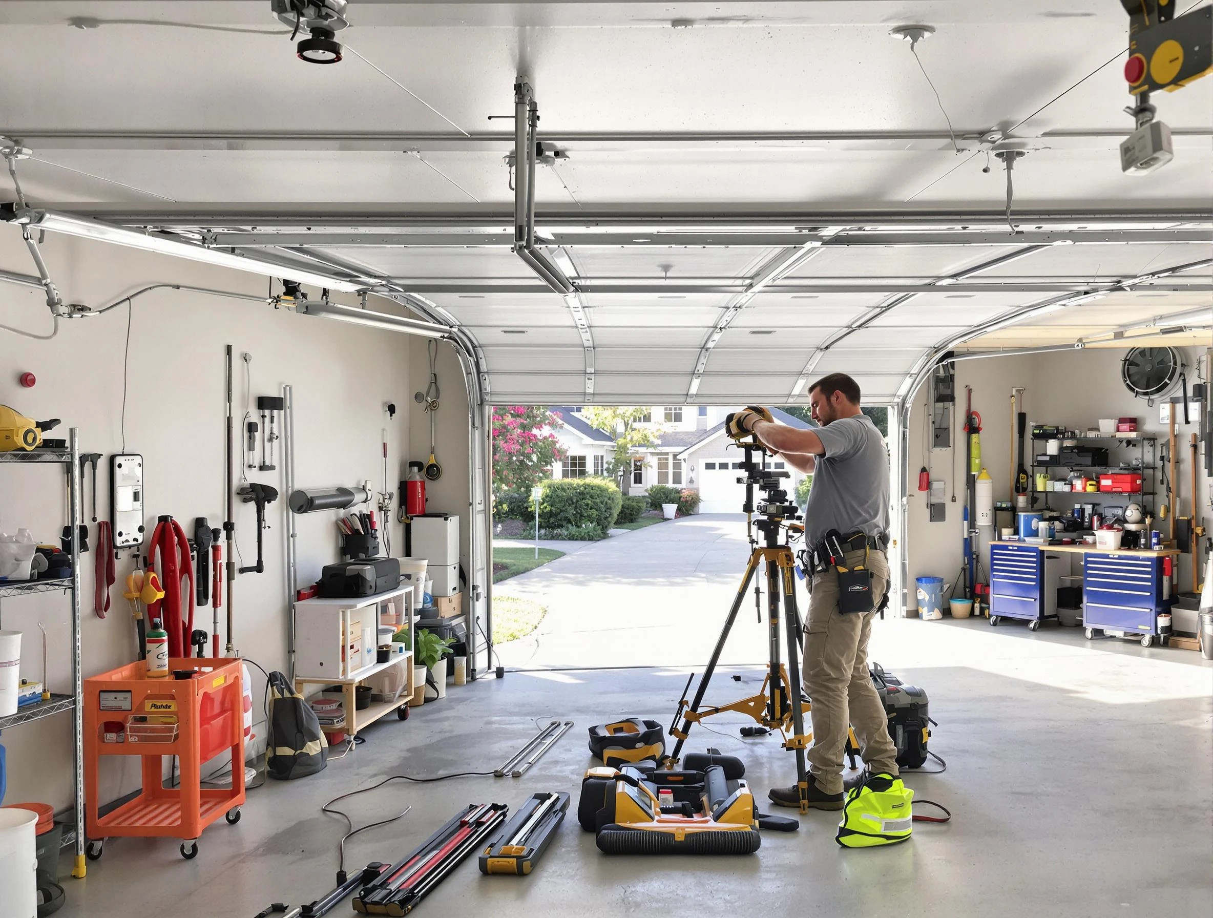 The Village Garage Door Repair specialist performing laser-guided track alignment in The Village